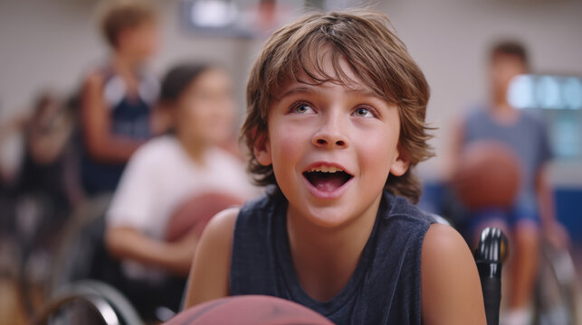 Young boy in wheelchair joyfully participates in basketball game, surrounded by other children. scene captures sense of inclusion and excitement in sports setting