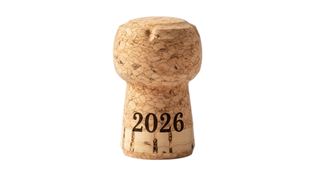 Champagne cork with the year 2026 printed on it isolated on transparent background, symbolizing a future celebration or milestone