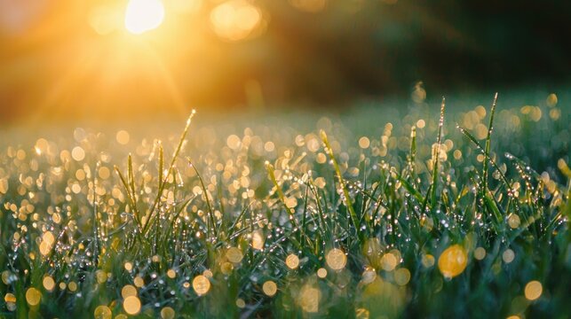 A close-up of morning grass covered in sparkling dew droplets catching the first light of dawn