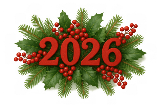 2026 new year celebration, festive winter holiday greeting, holly berries and pine branches decorating numbers - Powered by Adobe