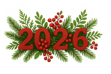 New year 2026 concept with festive red numbers, green fir branches, and holiday berries on transparent background