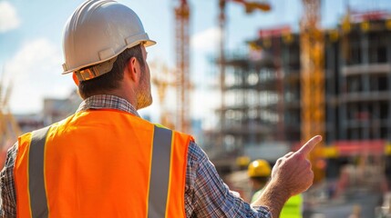 A hardheaded construction foreman giving firm instructions on a busy job site with cranes in the background