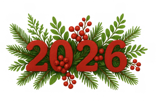 New year 2026 concept with festive red numbers, green fir branches, and holiday berries on transparent background
