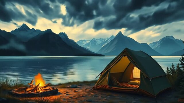 Camping by a peaceful lake with a cozy tent and a crackling campfire amidst majestic mountains. 4k video