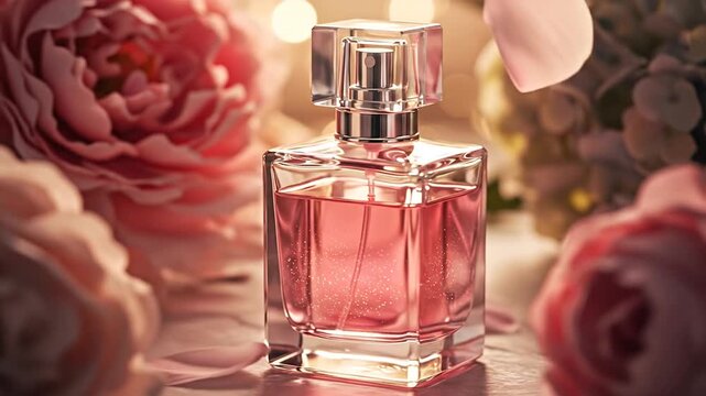 Elegant perfume bottle displayed amidst delicate floral arrangements