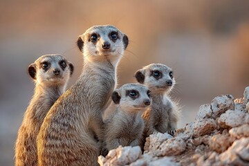 Fototapeta premium A group of four meerkats stands on a rocky surface. They are alert and looking around in their natural habitat. The background is blurred, emphasizing the meerkats.