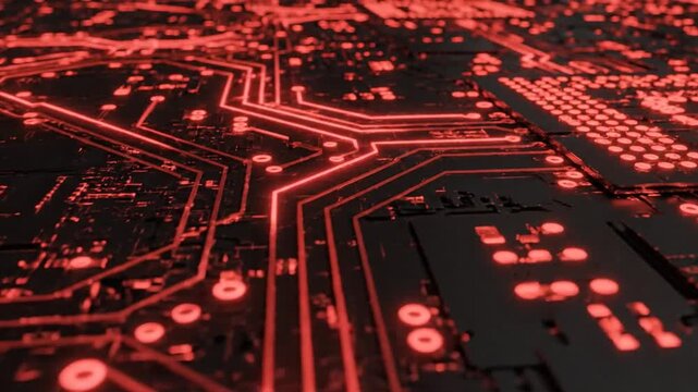 Abstract electronic circuitry with red neon lines in digital space - Powered by Adobe