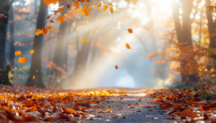 Golden autumn leaves gently fall on a sun-drenched forest path, creating a magical, serene atmosphere for peaceful reflection and nature's beauty.