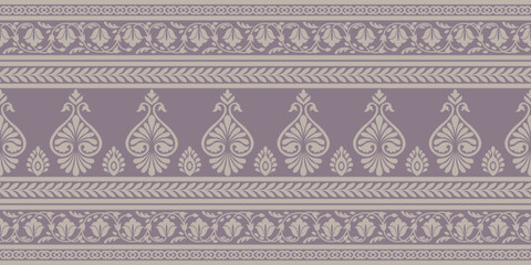 Ethnic pattern design with elegant floral and leaf motifs in soft purple and beige colors creating harmonious decorative border
