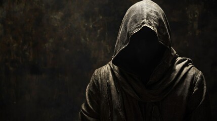 A person wearing a hooded cloak stands in shadowy lighting, their face partially obscured to create a sense of enigma and intrigue