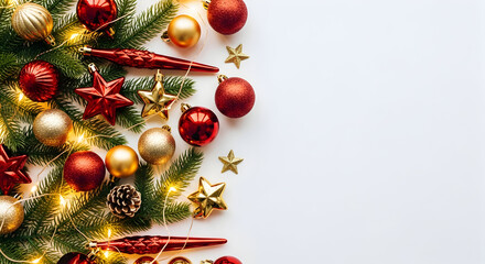 Traditional Red and Gold Christmas Ornaments with Pine and Lights

