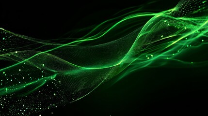 Dynamic green abstract particles flowing and swirling in a dark digital energy vortex, representing data streams and innovation.