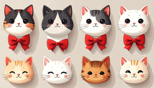 Cartoon cat heads with bows. Various colors and expressions