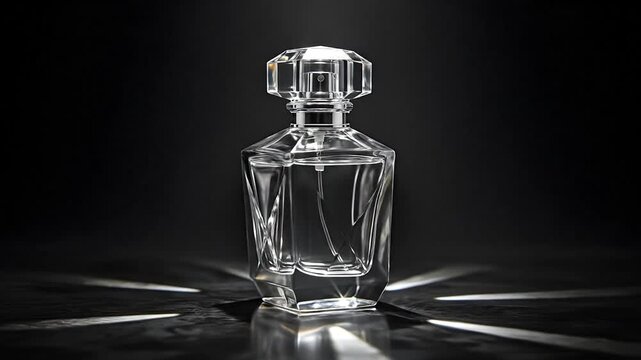 Elegant perfume bottle on reflective surface with dramatic lighting