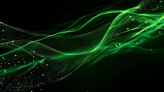 Dynamic green abstract particles flowing and swirling in a dark digital energy vortex, representing data streams and innovation. - Powered by Adobe