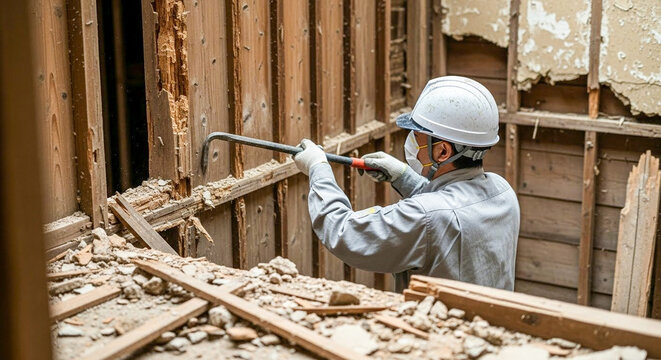 家屋解体作業中の安全装備の男性