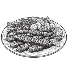 Shish Kebab Skewers Meat Plate Engraving Vector Illustration