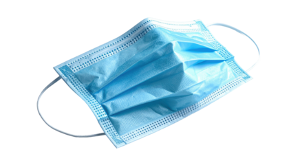 Blue surgical mask; white ear loops. Plain black backdrop
