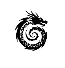 A fierce, black, stylized dragon forms a perfect spiral, its scaled body coiling inward like a powerful vortex while its spiky head looks on