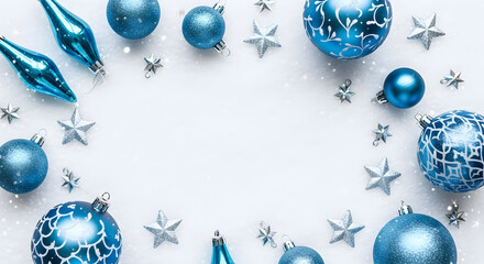 Blue and Silver Ornaments and Stars Framing White Winter Space

