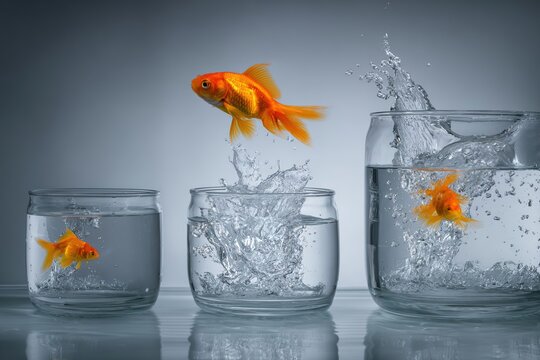 Three goldfish jumping from bowls, creating splashes of water. The scene captures the dynamic movement and energy of the fish in a minimalist setting.