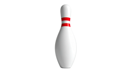 Upright bowling pin, white body with red bands on black ground