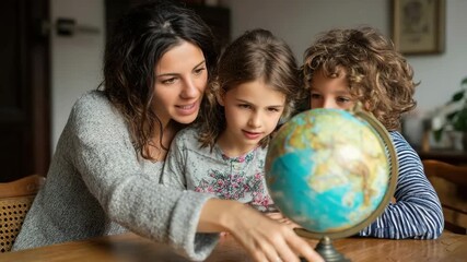 Woman with dark hair is teaching two children about geography using a globe, creating an engaging learning environment filled with curiosity and exploration - Powered by Adobe