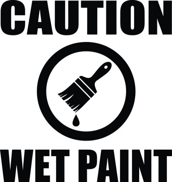 Wet paint caution vector icon with bold black text and circular paintbrush symbol warning against contact with freshly painted surfaces.