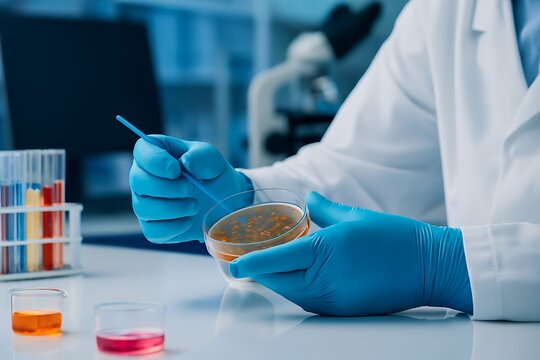 Scientist in blue gloves working with petri dish in laboratory