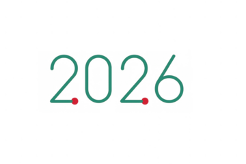 Year 2026 number inscription in a green handwritten style with red dots on a transparent background