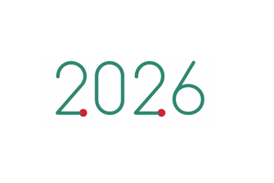 Year 2026 number inscription in a green handwritten style with red dots on a transparent background