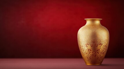 Elegant Golden Chinese Vase with Intricate Designs on Red Background