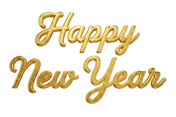 Golden Happy New Year text written with golden shiny metalic ink isolated on white or transparent background