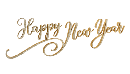 Golden Happy New Year text written with golden shiny metalic ink isolated on white or transparent background