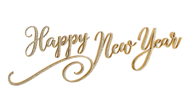 Golden Happy New Year text written with golden shiny metalic ink isolated on white or transparent background