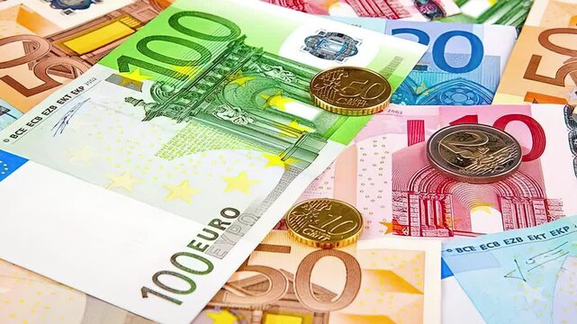 Different types of euro coins and banknotes