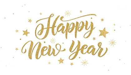 Golden Happy New Year text written with golden shiny metalic ink isolated on white or transparent background