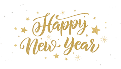 Golden Happy New Year text written with golden shiny metalic ink isolated on white or transparent background