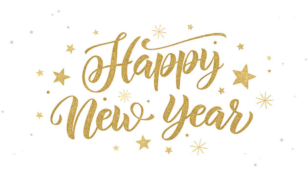 Golden Happy New Year text written with golden shiny metalic ink isolated on white or transparent background - Powered by Adobe