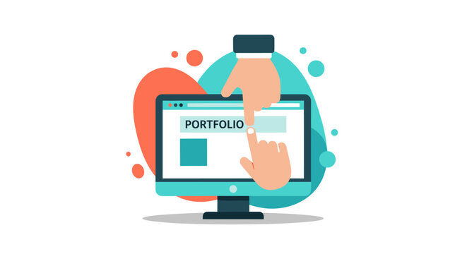 A digital hand points to the word portfolio on a computer screen, representing online business and website design.