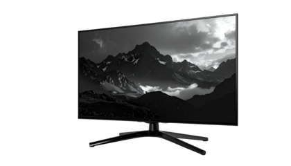 Monitor displays snowy mountains against a stark black background