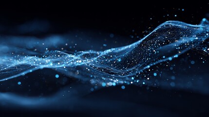 Dynamic blue digital network with glowing particles flowing through abstract futuristic data stream, representing connectivity