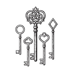 Set of Vintage Ornate Skeleton Keys Engraving Vector Illustration