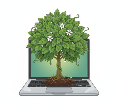 An illustration of sustainable green technology and business growth, symbolized by a tree growing from a laptop