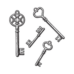 Set of Vintage Ornate Skeleton Keys Engraving Vector Illustration