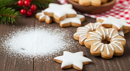 Festive star and ring shaped christmas cookies dusted with powdered sugar on a wooden table