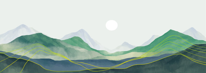 Mountain landscape watercolor painting illustration with line art texture. Mountain background for wall art prints, poster Art Decoration, banner