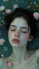 Floating Silence: Artistic Floral Water Portrait.  An artistic close-up of a woman floating in water with roses, symbolizing peace, femininity, and natural beauty in a tranquil and poetic composition