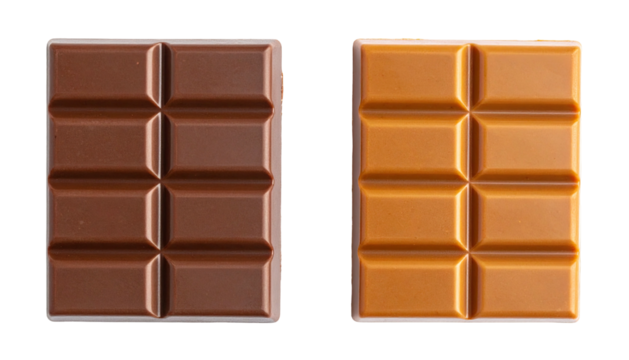 Two rectangular chocolate bars, milk and caramel colored