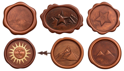 Six brown wax seals, each with a unique embossed design